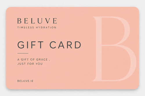 Beluvé gift card with brand name and description on a blush background