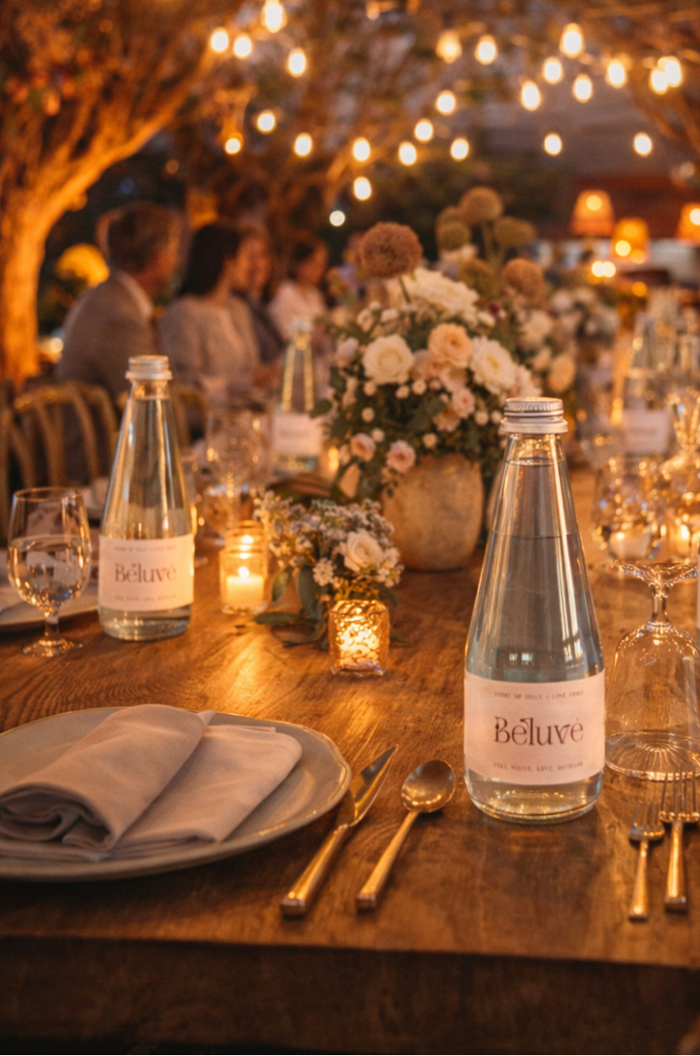 Dining table set for a meal at a celebratory event with Beluvé water bottles, candles, and flowers under string lights.
