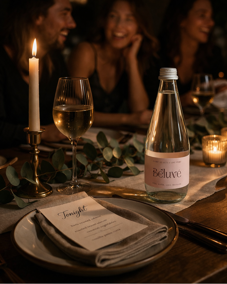 Dinner party scene with people, candles, and a bottle of water Beluvé on a table.