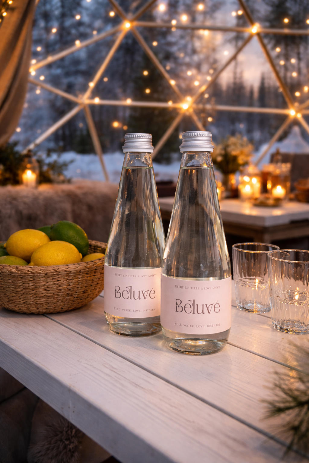 Two bottles of Beluvé water on a table with lemons and glasses, set against a geometric dome structure holiday rental.
