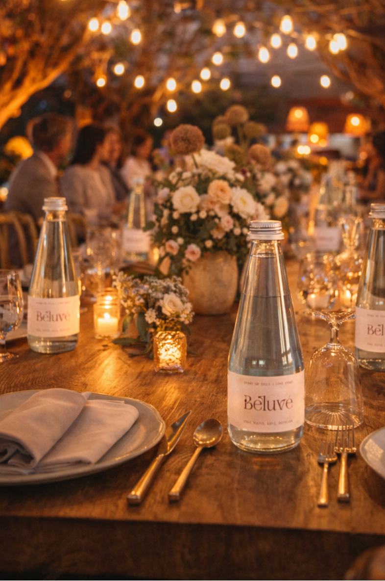 Mindvalley style dining table set for a luxurious meal with Beluvé water bottles, candles, and flowers under string lights.