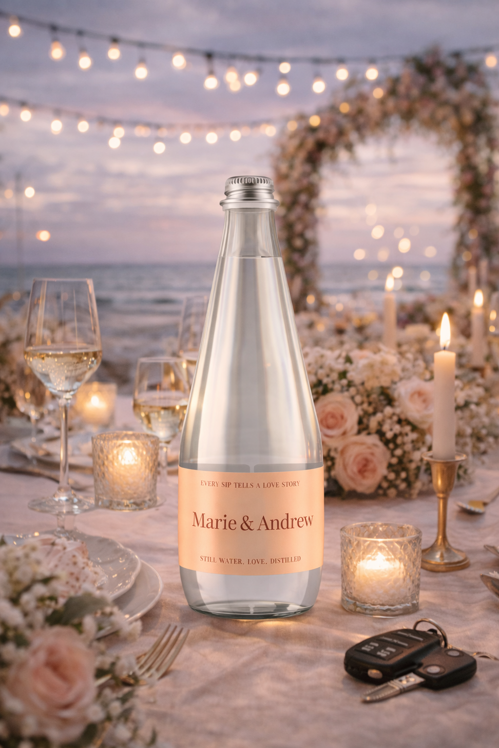 Personalised bottle for Marie & Andrew Beluvé water on a beach wedding table with candles and flowers by the ocean.