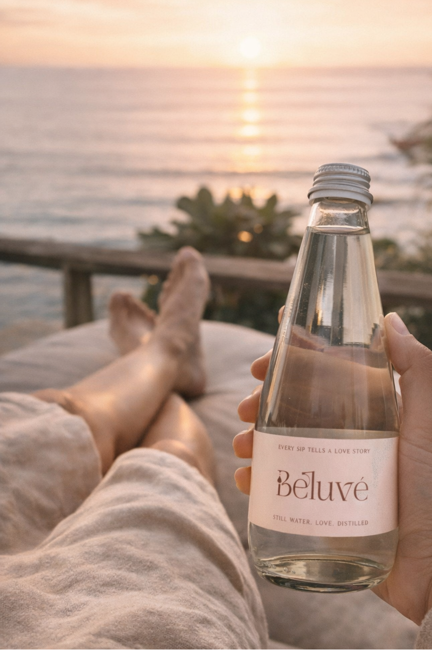 Person holding a bottle of Beluvé water with a scenic sunset over water background