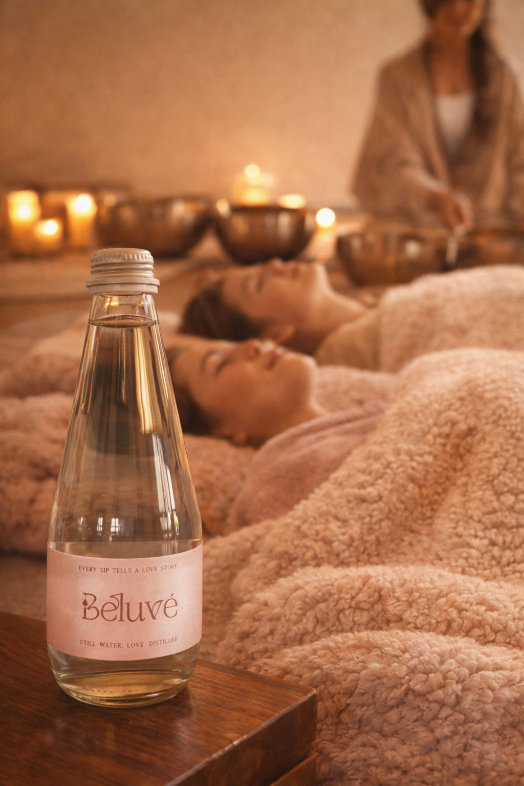 Bottle of Beluvé water on a table with people at a wellness retreat are receiving a sound bath in the background.
