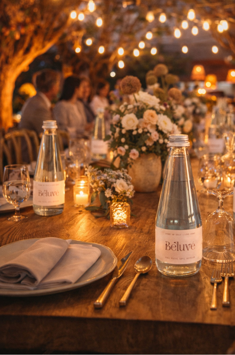 Luxury dining table set for a celebratory meal with Beluvé water bottles, candles, and flowers under string lights.